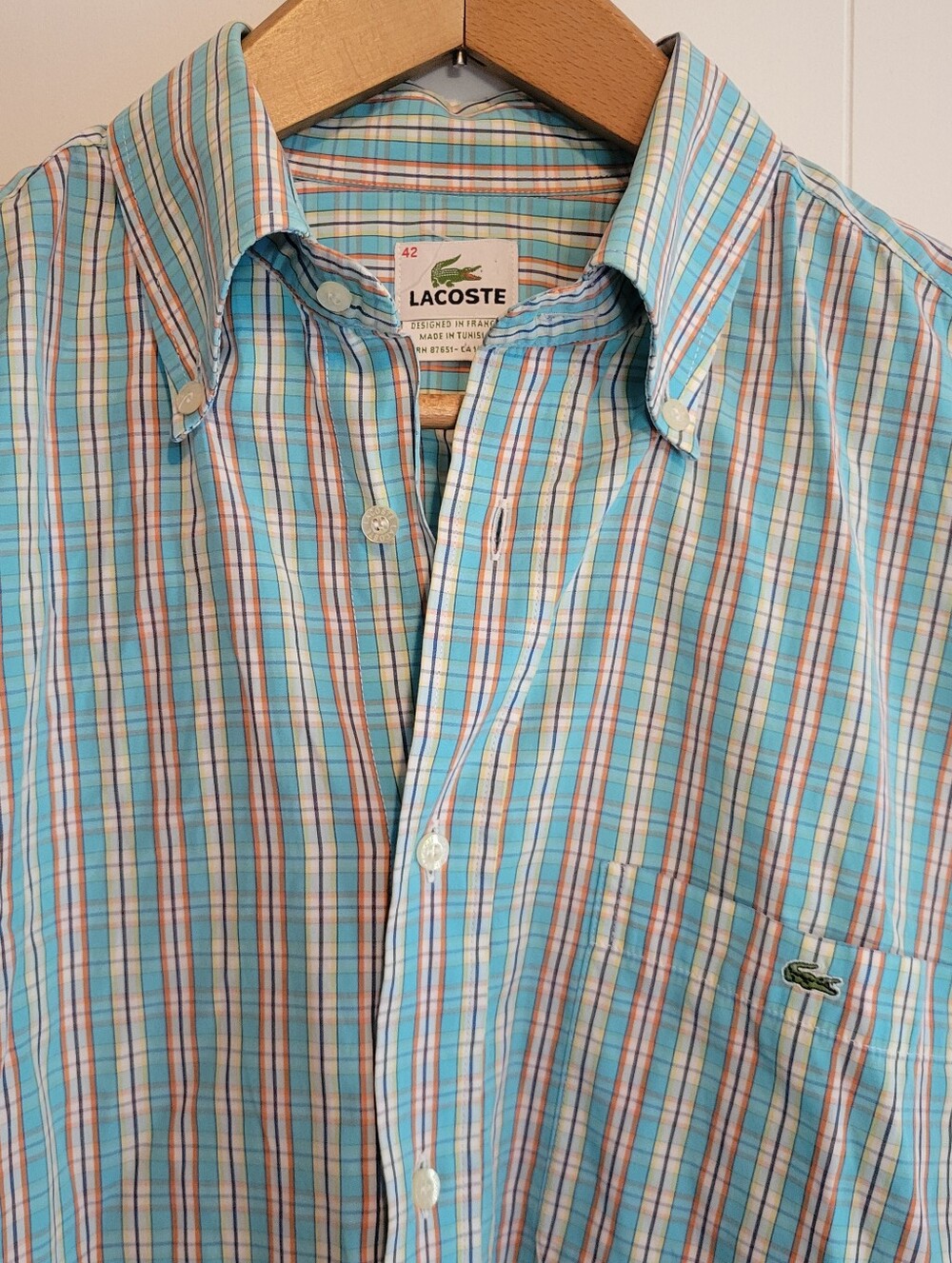 Lacoste 100% Cotton Teal Blue Yellow Plaid Button Down Long Sleeve Shirt Size L